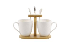 Набір кухлів  300 мл  з ложками 2 шт на дерев. стійці  PJ03392 (Корч)