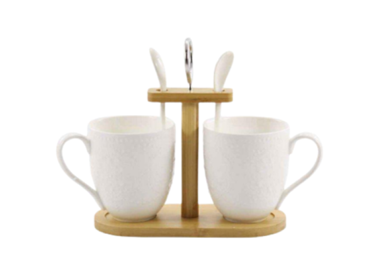 Набір кухлів  300 мл  з ложками 2 шт на дерев. стійці  PJ03392 (Корч) - зображення 1